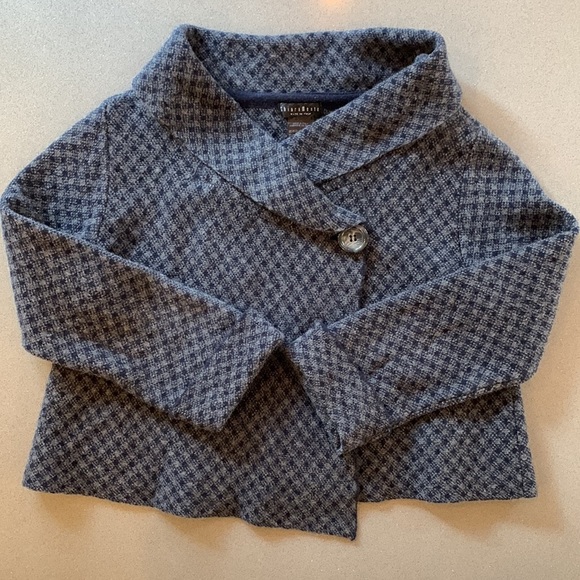 ChiaraMente sz M Wool Blend Cowl Neck Navy Blue and Grey Cardigan Sweater Blazer - Picture 2 of 7